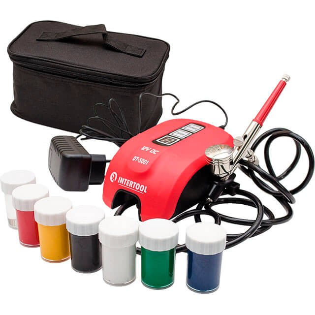 Аерограф електричний 12 Вт, 12 В, 10-15 л/хв., 0-2 Бар INTERTOOL DT-5001