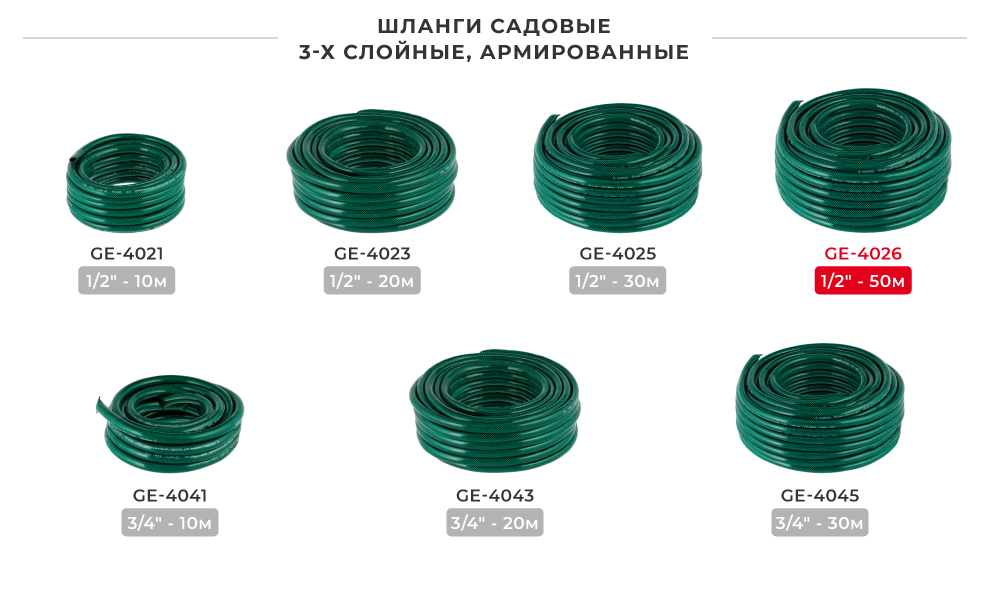 Линейка шлангов в бухтах 3 слоевых