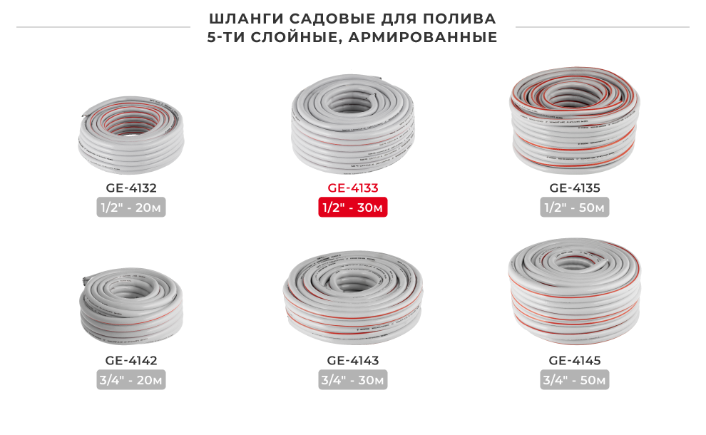 Линейка шлангов в бухтах 5-ти слоевых